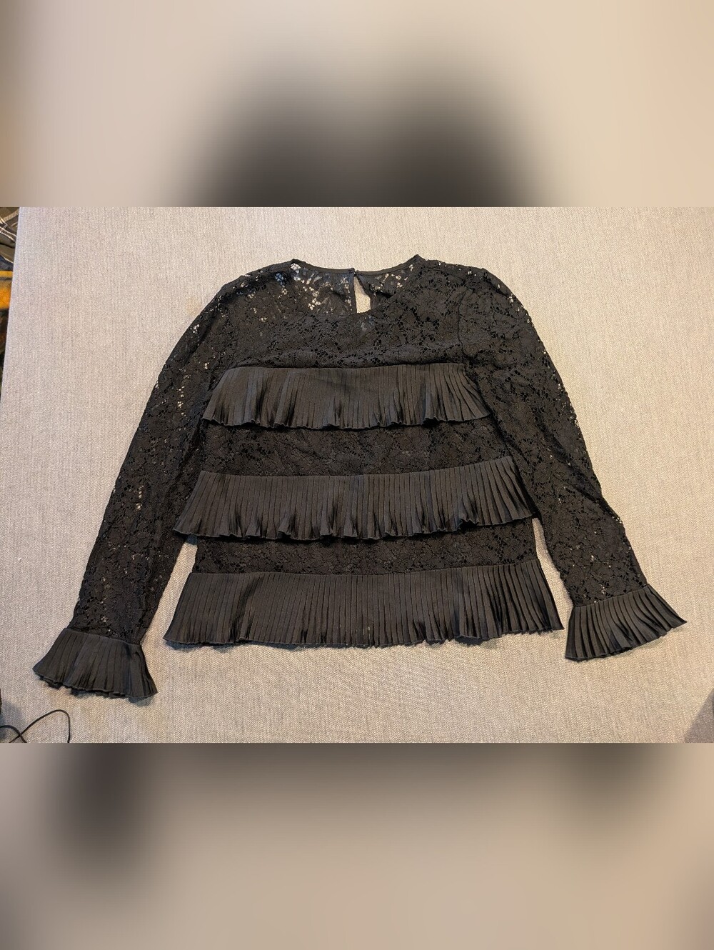 J Crew Trendy Chic Tiered Black Lace Top With Fringe Pleats Size 6